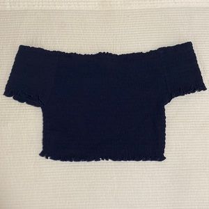 Off the shoulder, navy blue crop top.